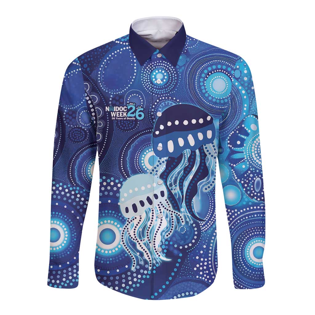 NAIDOC Deadly 50 Years Long Sleeve Button Shirt Jellyfish Aboriginal Culture Inspired Blue