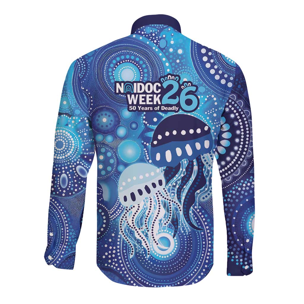 NAIDOC Deadly 50 Years Long Sleeve Button Shirt Jellyfish Aboriginal Culture Inspired Blue
