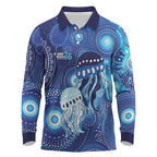 NAIDOC Deadly 50 Years Long Sleeve Polo Shirt Jellyfish Aboriginal Culture Inspired Blue