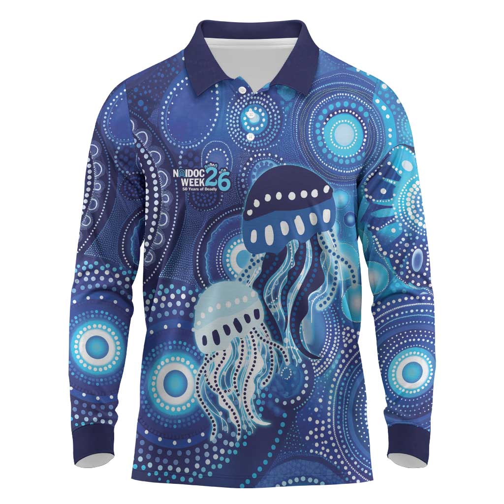 NAIDOC Deadly 50 Years Long Sleeve Polo Shirt Jellyfish Aboriginal Culture Inspired Blue