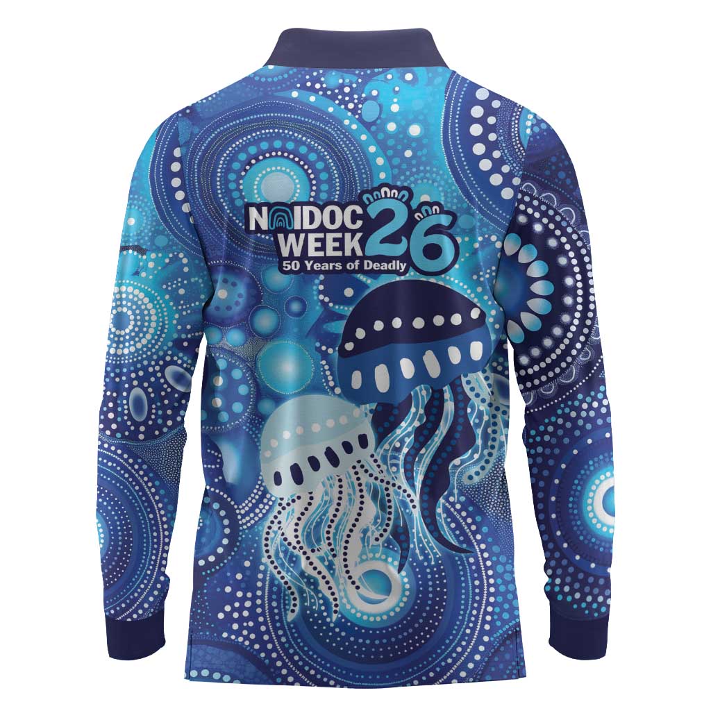 NAIDOC Deadly 50 Years Long Sleeve Polo Shirt Jellyfish Aboriginal Culture Inspired Blue