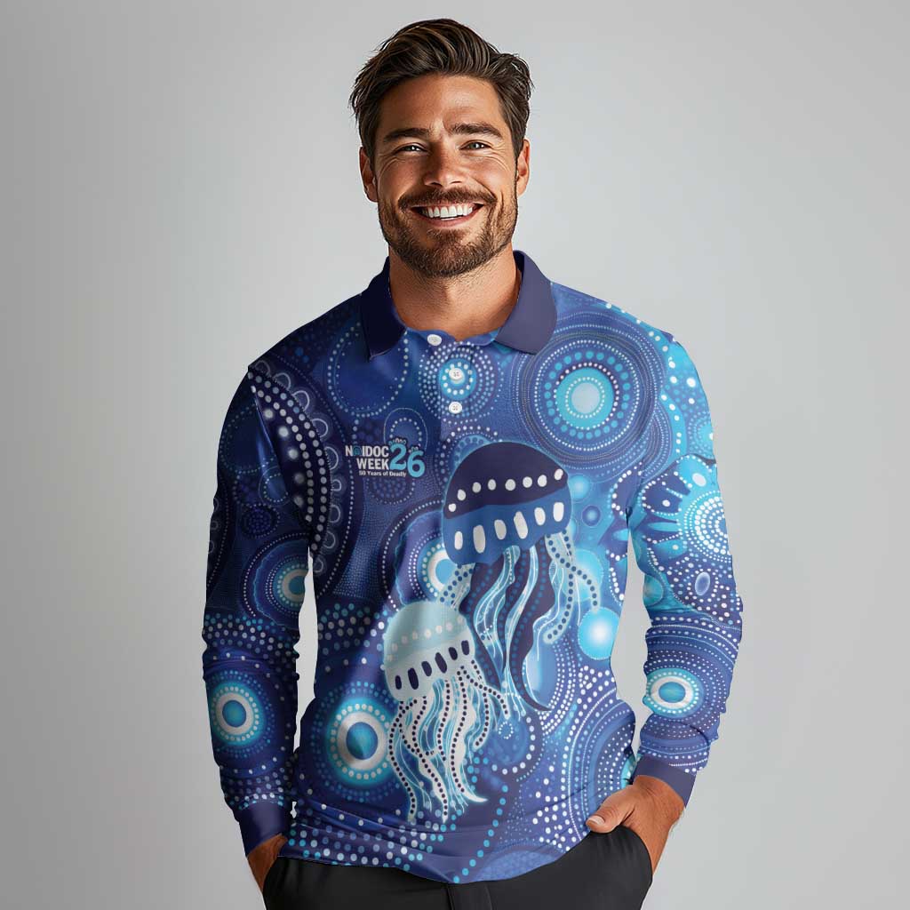 NAIDOC Deadly 50 Years Long Sleeve Polo Shirt Jellyfish Aboriginal Culture Inspired Blue