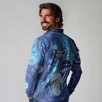 NAIDOC Deadly 50 Years Long Sleeve Polo Shirt Jellyfish Aboriginal Culture Inspired Blue