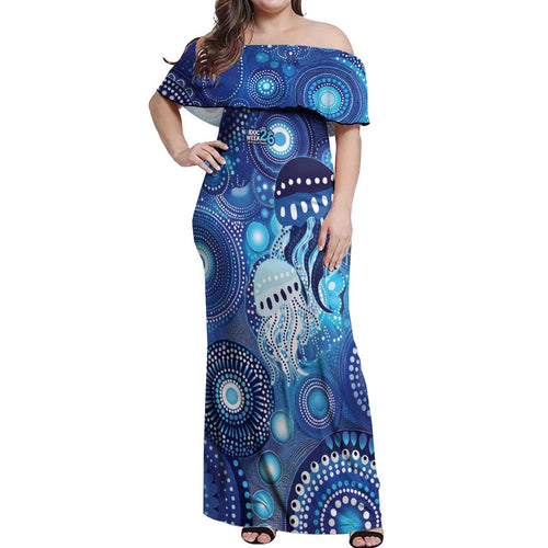 NAIDOC Deadly 50 Years Off Shoulder Maxi Dress Jellyfish Aboriginal Culture Inspired Blue