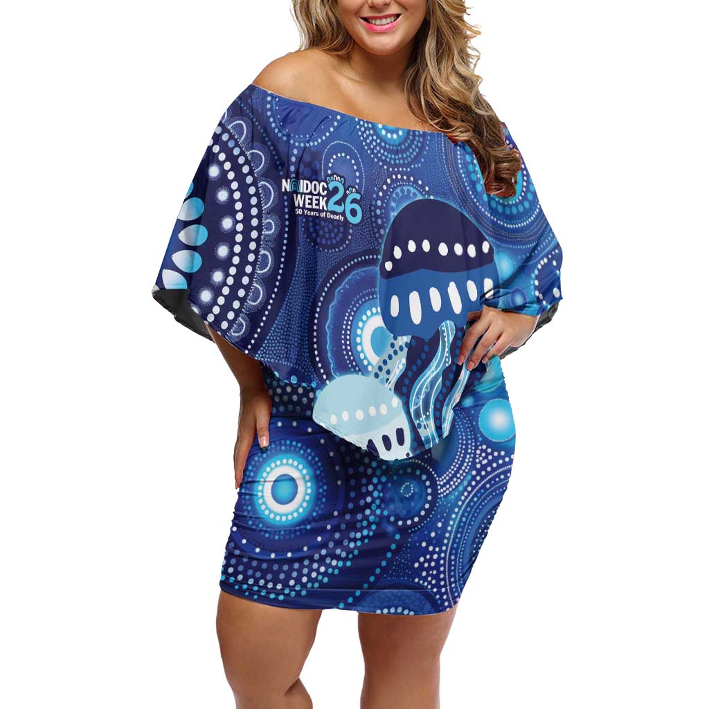 NAIDOC Deadly 50 Years Off Shoulder Short Dress Jellyfish Aboriginal Culture Inspired Blue
