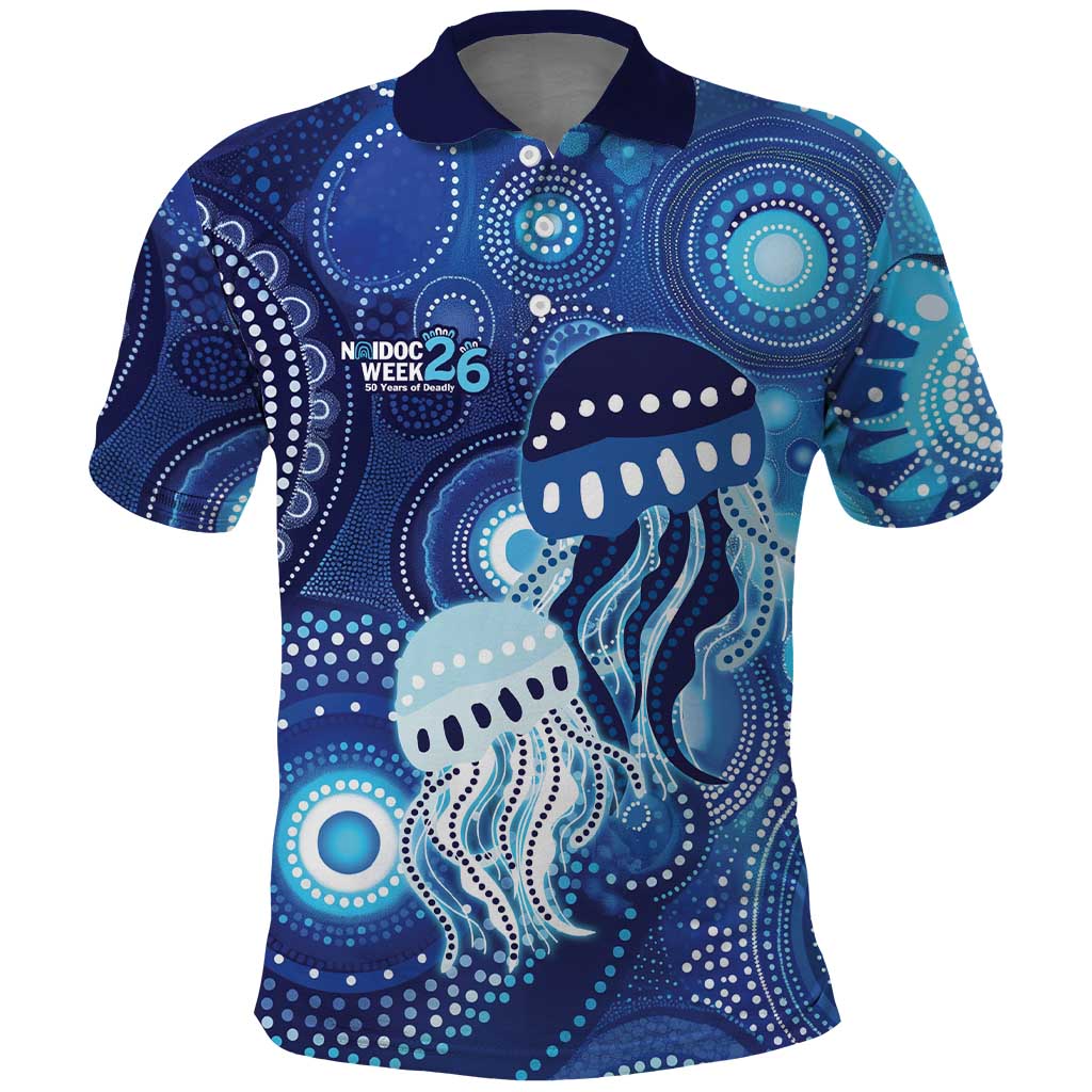 NAIDOC Deadly 50 Years Polo Shirt Jellyfish Aboriginal Culture Inspired Blue