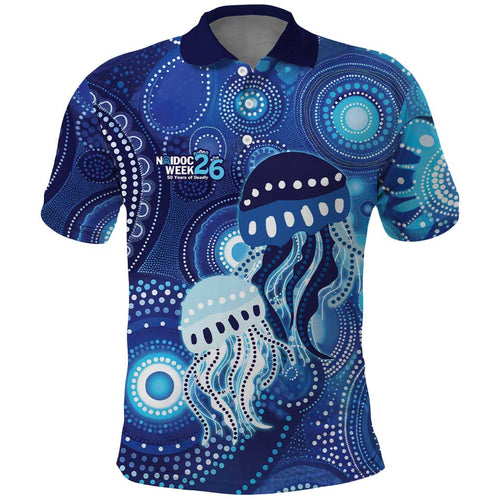 NAIDOC Deadly 50 Years Polo Shirt Jellyfish Aboriginal Culture Inspired Blue