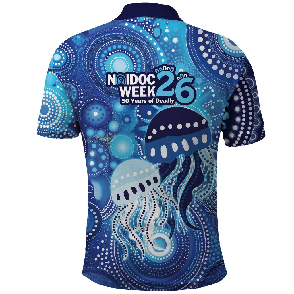 NAIDOC Deadly 50 Years Polo Shirt Jellyfish Aboriginal Culture Inspired Blue