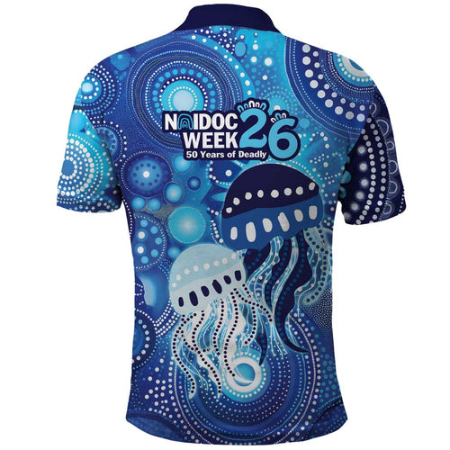 NAIDOC Deadly 50 Years Polo Shirt Jellyfish Aboriginal Culture Inspired Blue