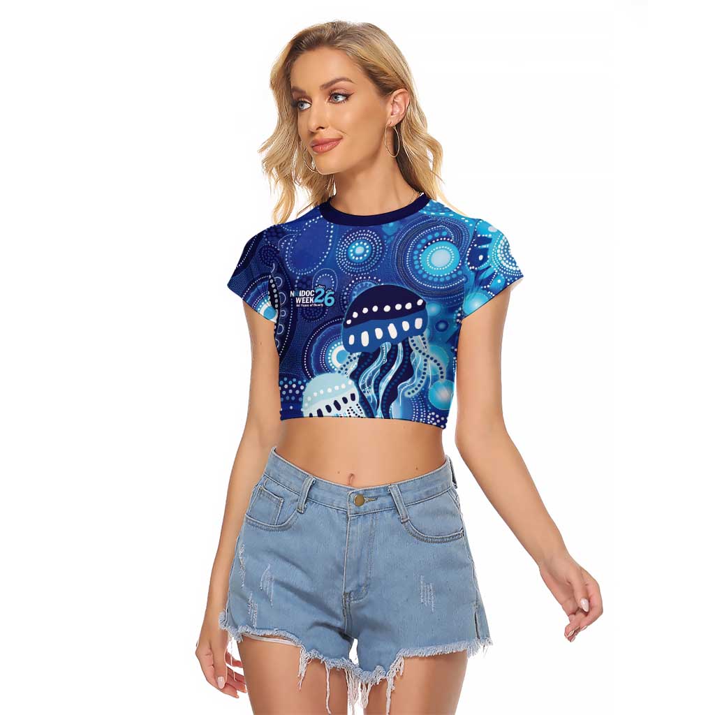 NAIDOC Deadly 50 Years Raglan Cropped T Shirt Jellyfish Aboriginal Culture Inspired Blue