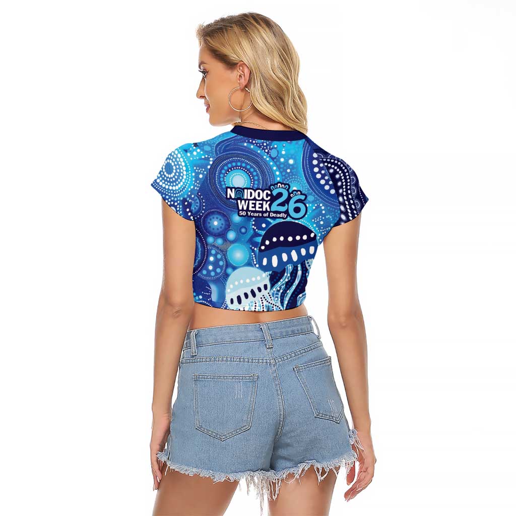 NAIDOC Deadly 50 Years Raglan Cropped T Shirt Jellyfish Aboriginal Culture Inspired Blue