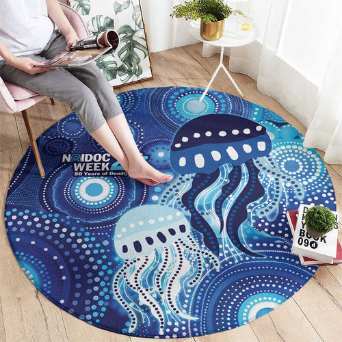 NAIDOC Deadly 50 Years Round Carpet Jellyfish Aboriginal Culture Inspired Blue