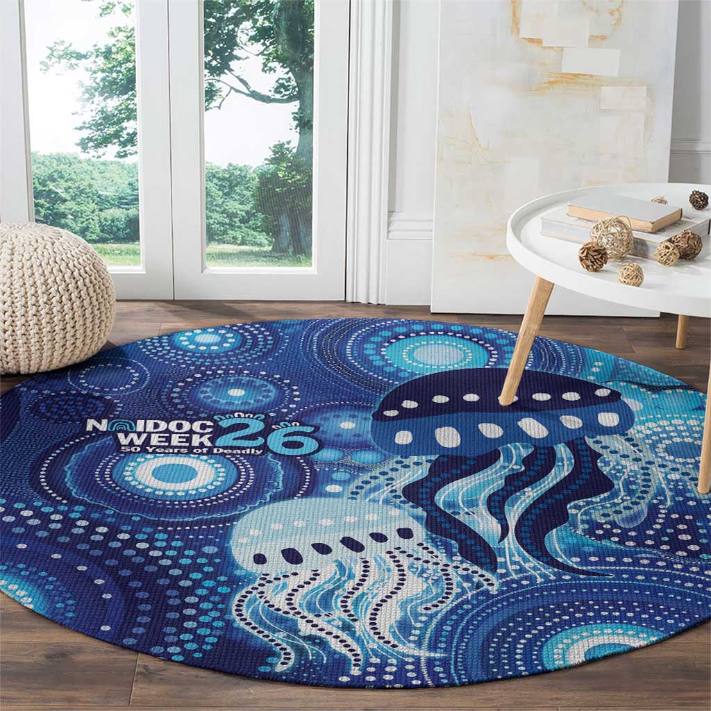 NAIDOC Deadly 50 Years Round Carpet Jellyfish Aboriginal Culture Inspired Blue