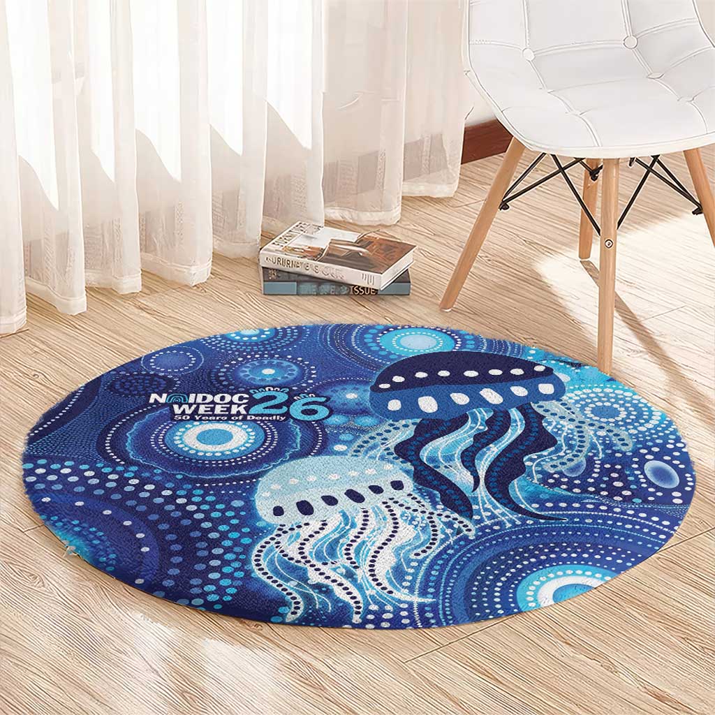 NAIDOC Deadly 50 Years Round Carpet Jellyfish Aboriginal Culture Inspired Blue