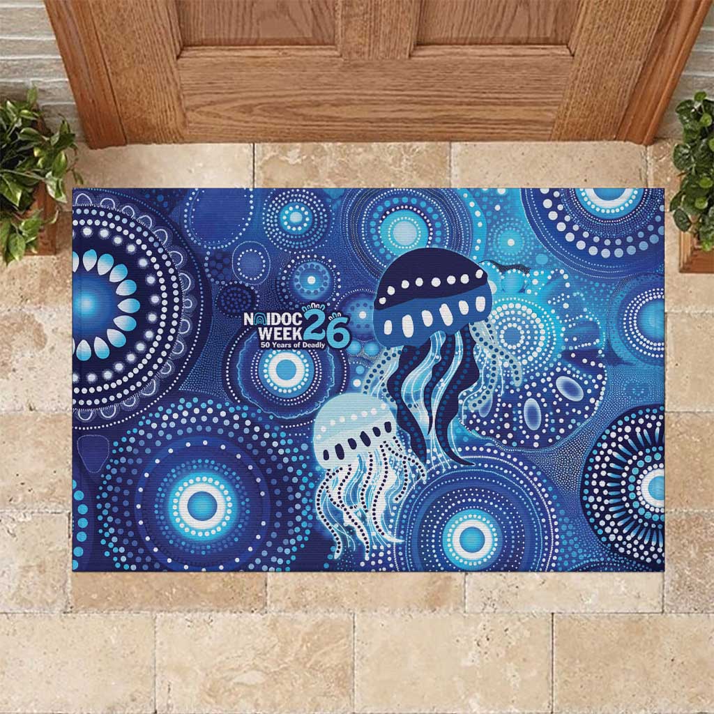 NAIDOC Deadly 50 Years Rubber Doormat Jellyfish Aboriginal Culture Inspired Blue