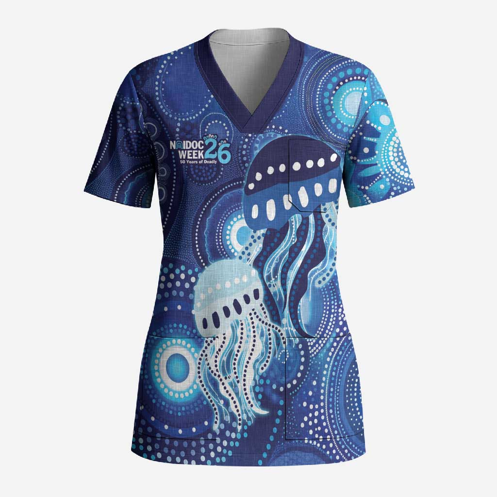 NAIDOC Deadly 50 Years Scrub Top Jellyfish Aboriginal Culture Inspired Blue