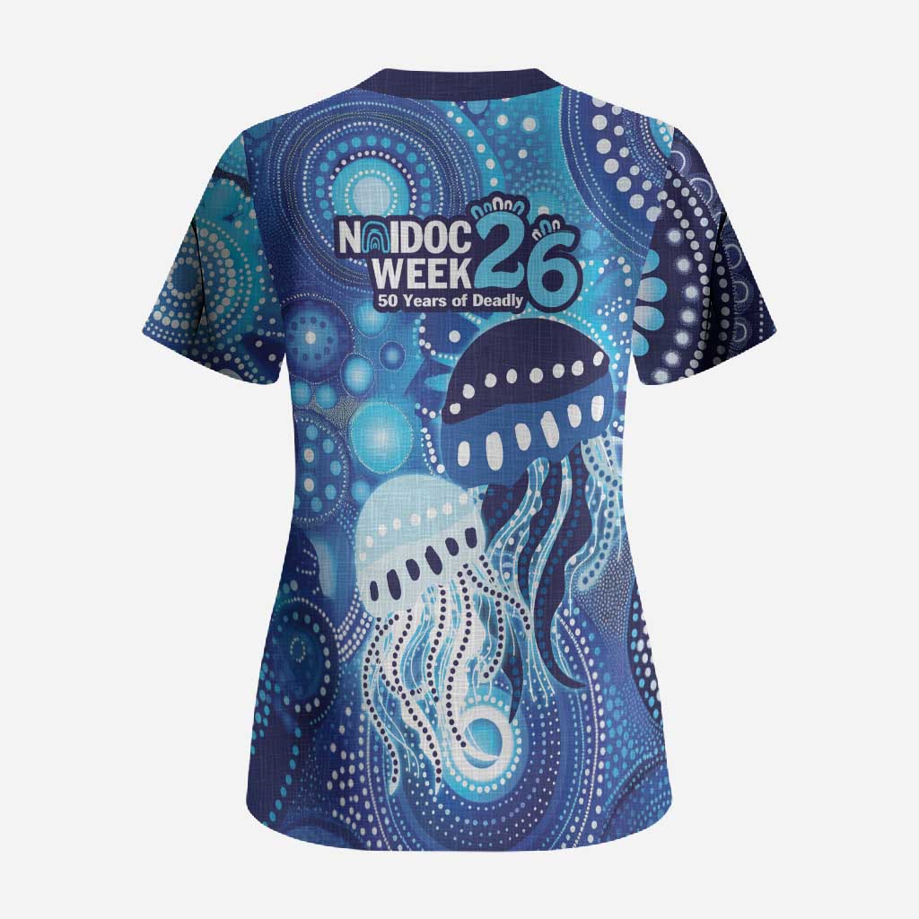 NAIDOC Deadly 50 Years Scrub Top Jellyfish Aboriginal Culture Inspired Blue