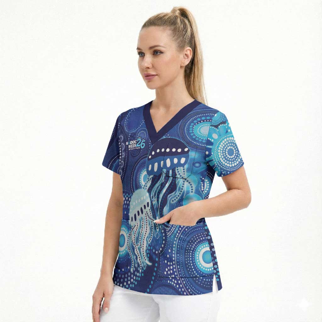 NAIDOC Deadly 50 Years Scrub Top Jellyfish Aboriginal Culture Inspired Blue