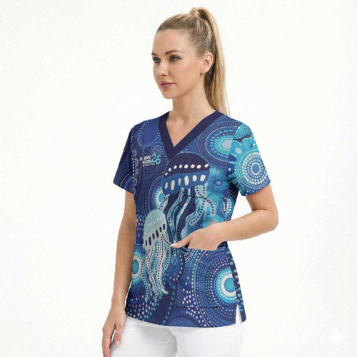 NAIDOC Deadly 50 Years Scrub Top Jellyfish Aboriginal Culture Inspired Blue