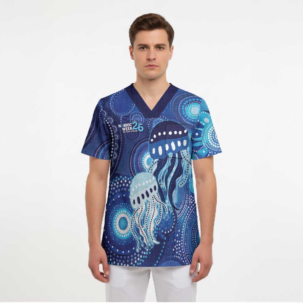 NAIDOC Deadly 50 Years Scrub Top Jellyfish Aboriginal Culture Inspired Blue