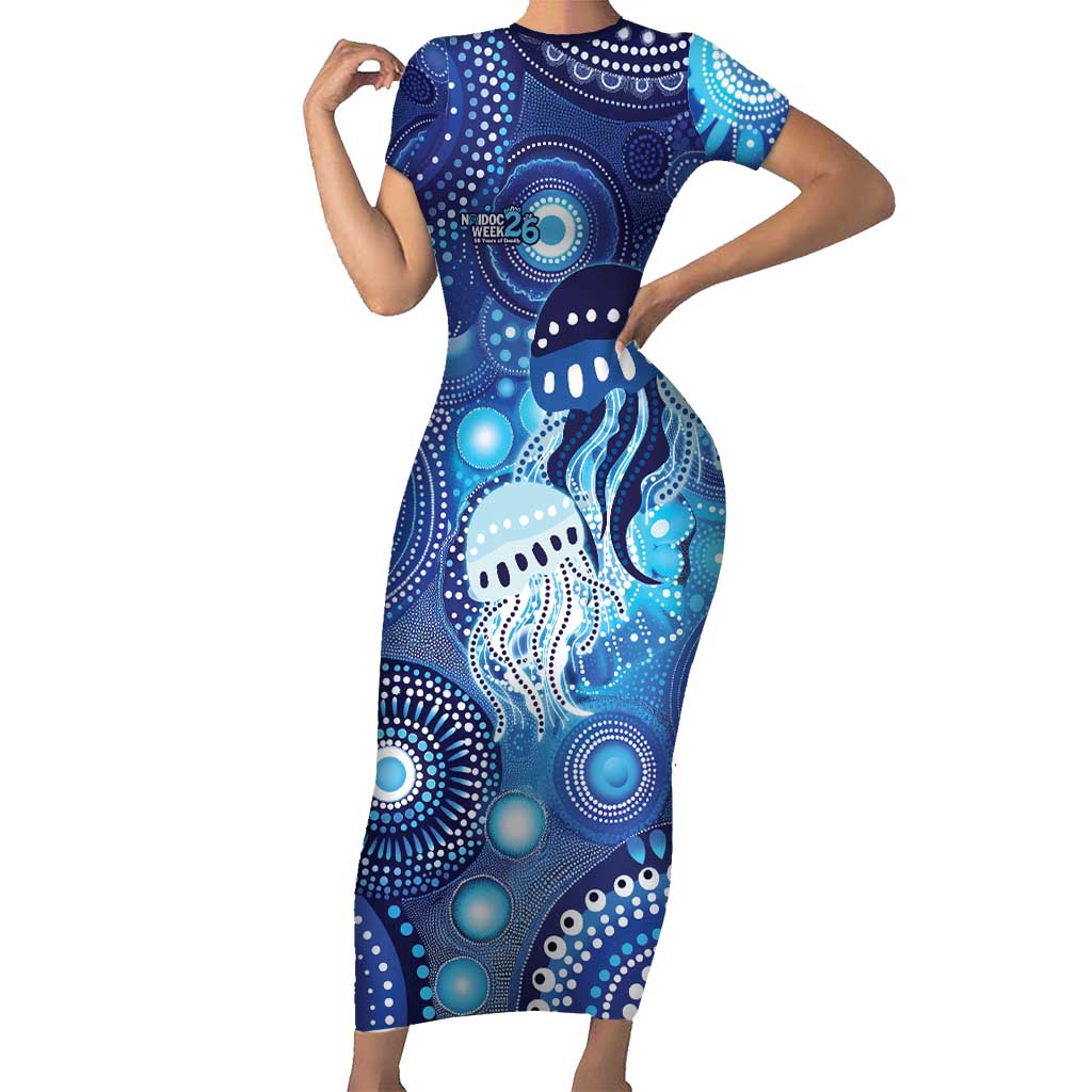 NAIDOC Deadly 50 Years Short Sleeve Bodycon Dress Jellyfish Aboriginal Culture Inspired Blue