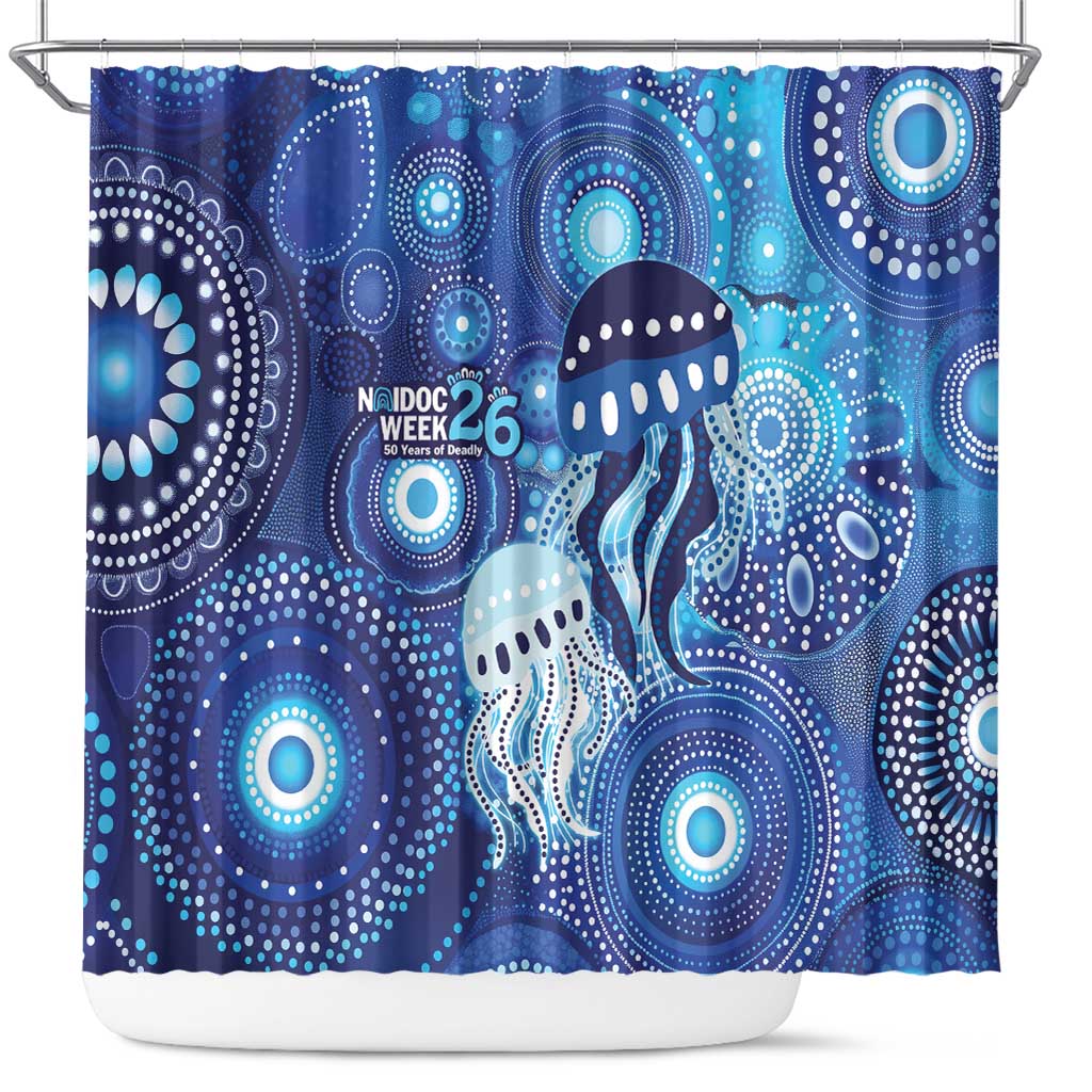 NAIDOC Deadly 50 Years Shower Curtain Jellyfish Aboriginal Culture Inspired Blue