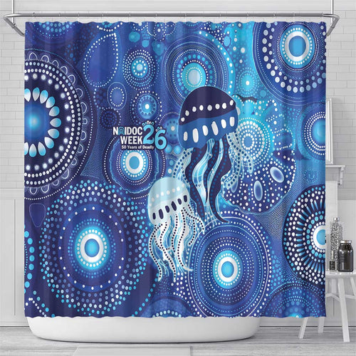 NAIDOC Deadly 50 Years Shower Curtain Jellyfish Aboriginal Culture Inspired Blue