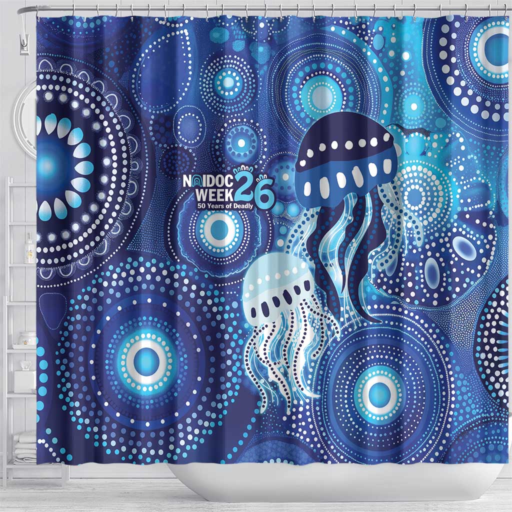 NAIDOC Deadly 50 Years Shower Curtain Jellyfish Aboriginal Culture Inspired Blue