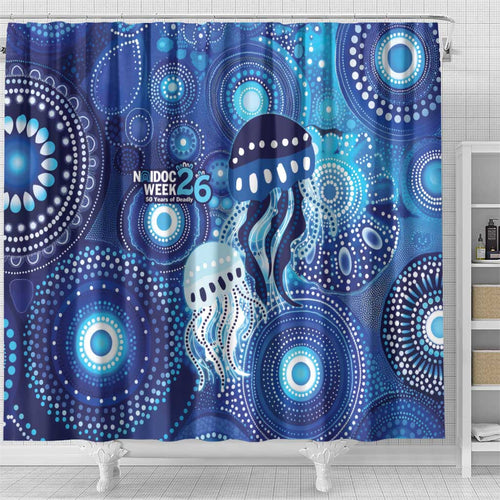 NAIDOC Deadly 50 Years Shower Curtain Jellyfish Aboriginal Culture Inspired Blue