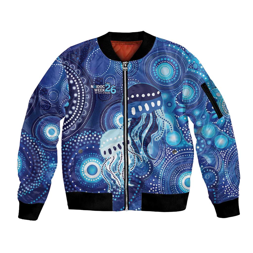 NAIDOC Deadly 50 Years Sleeve Zip Bomber Jacket Jellyfish Aboriginal Culture Inspired Blue