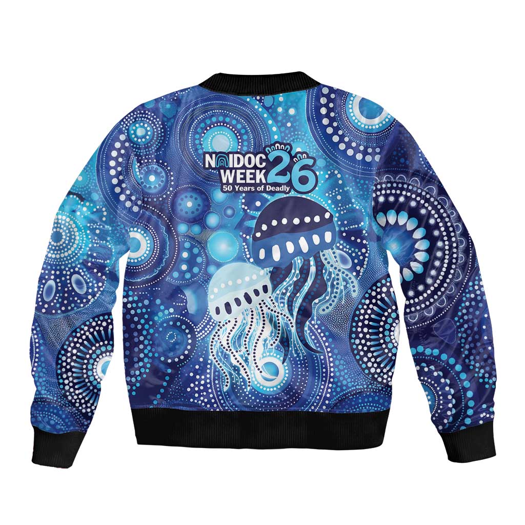 NAIDOC Deadly 50 Years Sleeve Zip Bomber Jacket Jellyfish Aboriginal Culture Inspired Blue