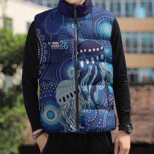 NAIDOC Deadly 50 Years Sleeveless Puffer Jacket Jellyfish Aboriginal Culture Inspired Blue