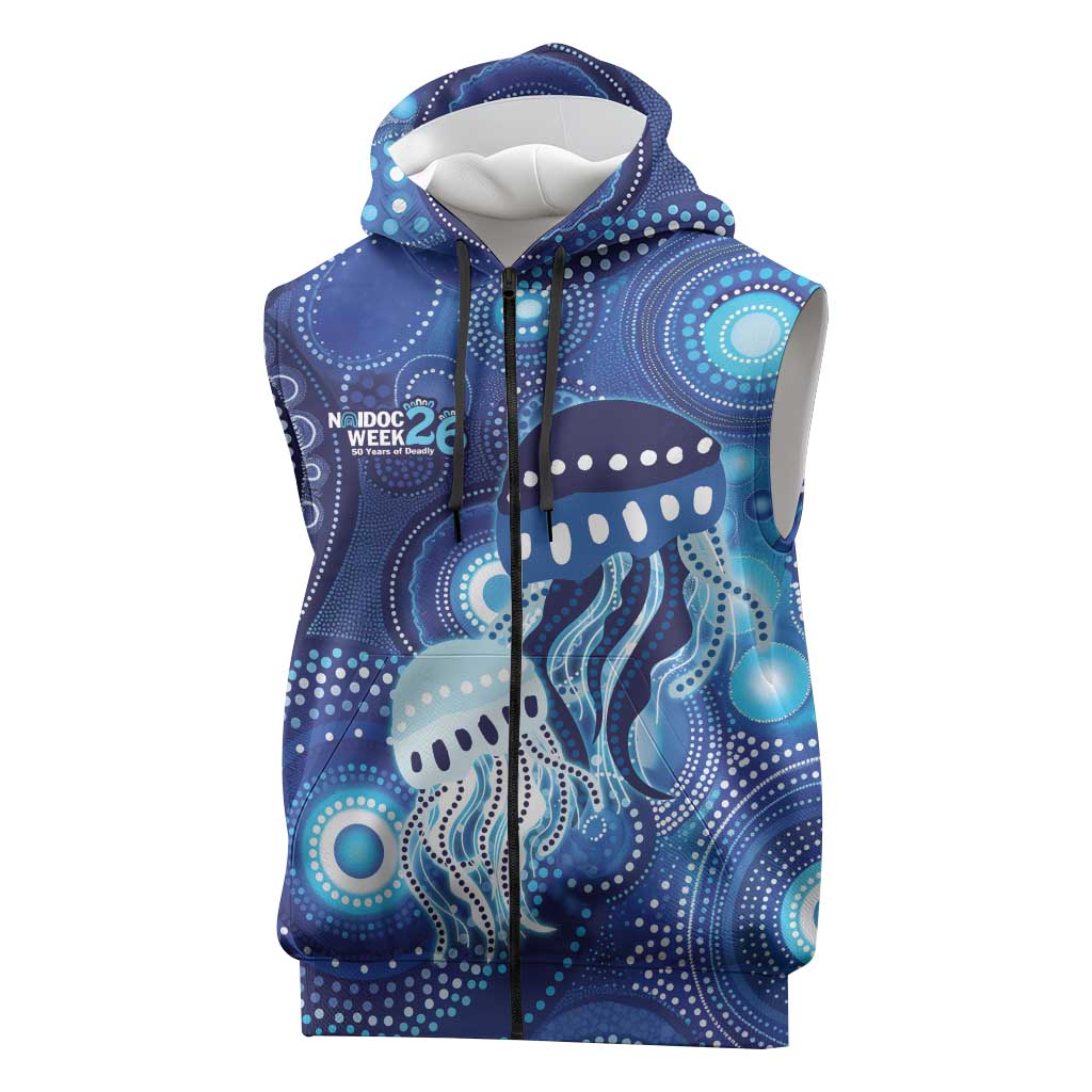 NAIDOC Deadly 50 Years Sleeveless Zip Hoodie Jellyfish Aboriginal Culture Inspired Blue