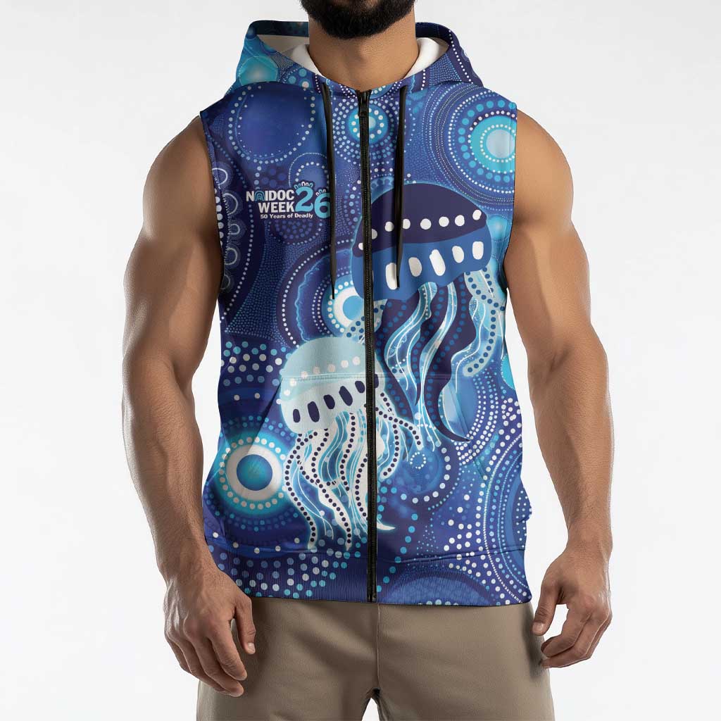 NAIDOC Deadly 50 Years Sleeveless Zip Hoodie Jellyfish Aboriginal Culture Inspired Blue