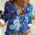 NAIDOC Deadly 50 Years Women Casual Shirt Jellyfish Aboriginal Culture Inspired Blue