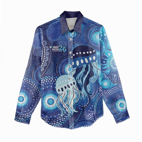 NAIDOC Deadly 50 Years Women Casual Shirt Jellyfish Aboriginal Culture Inspired Blue
