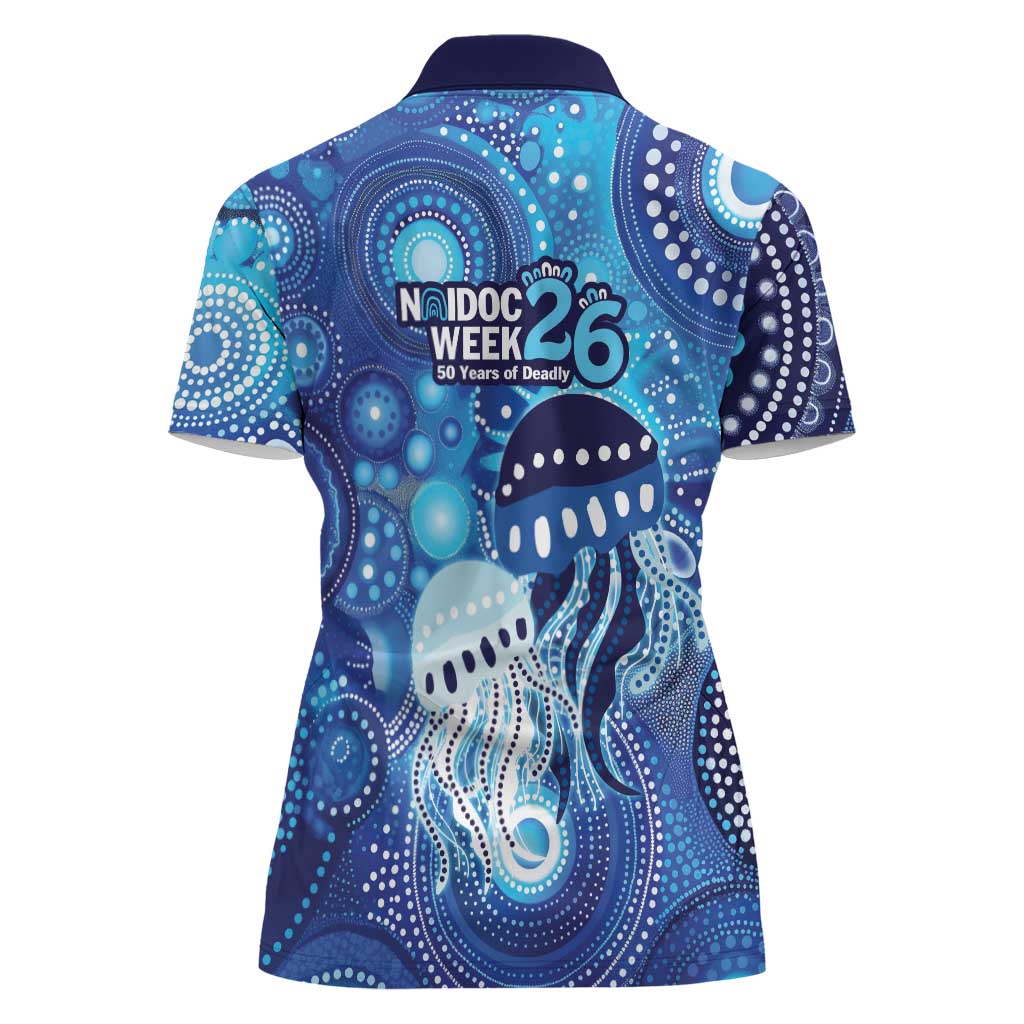 NAIDOC Deadly 50 Years Women Polo Shirt Jellyfish Aboriginal Culture Inspired Blue