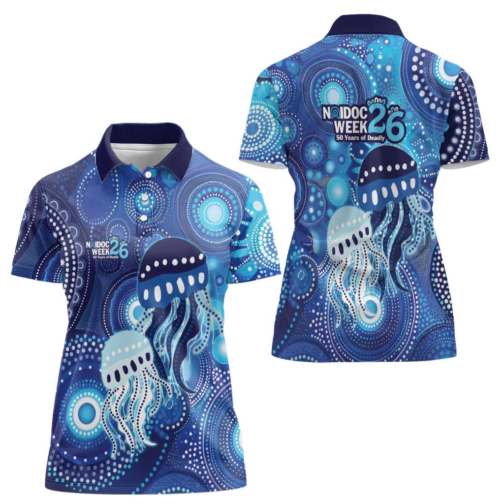 NAIDOC Deadly 50 Years Women Polo Shirt Jellyfish Aboriginal Culture Inspired Blue
