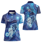 NAIDOC Deadly 50 Years Women Polo Shirt Jellyfish Aboriginal Culture Inspired Blue