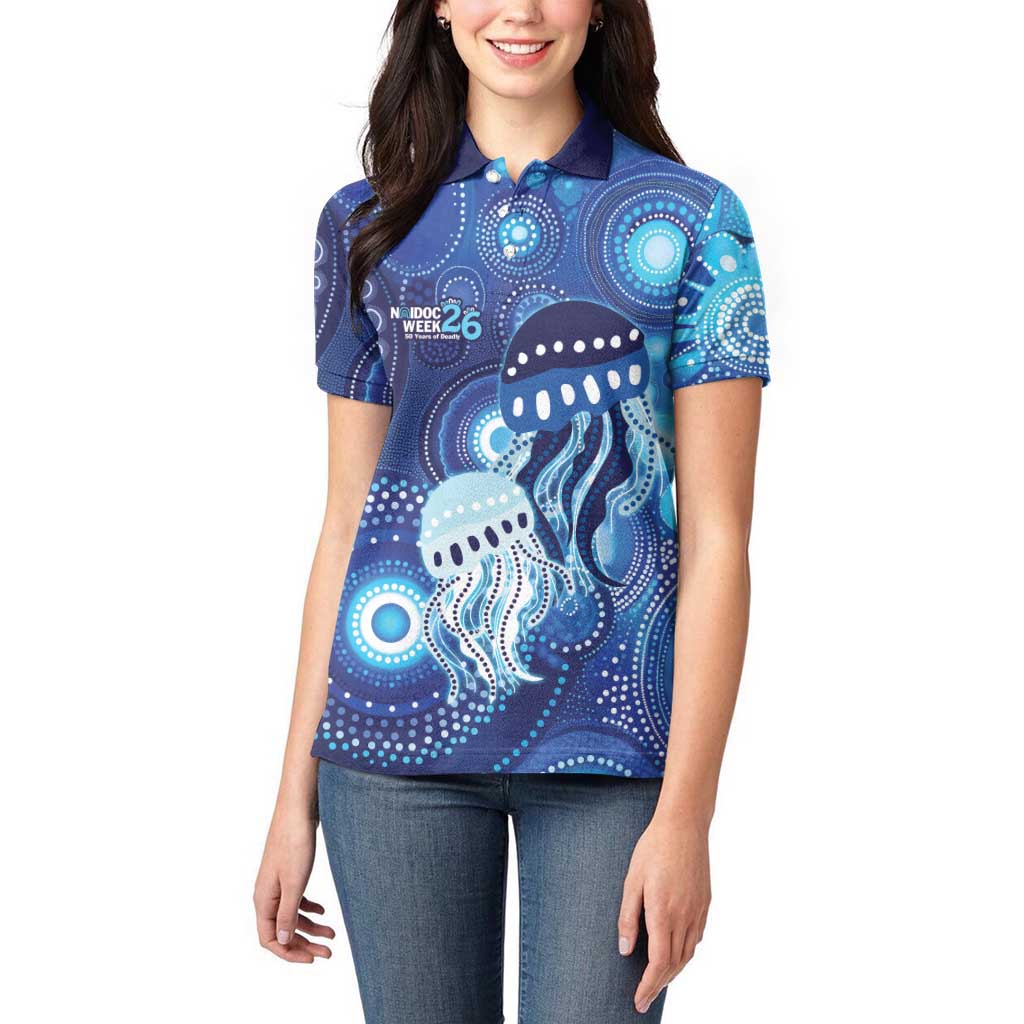 NAIDOC Deadly 50 Years Women Polo Shirt Jellyfish Aboriginal Culture Inspired Blue