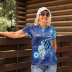 NAIDOC Deadly 50 Years Women Polo Shirt Jellyfish Aboriginal Culture Inspired Blue