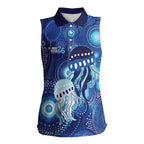 NAIDOC Deadly 50 Years Women Sleeveless Polo Shirt Jellyfish Aboriginal Culture Inspired Blue