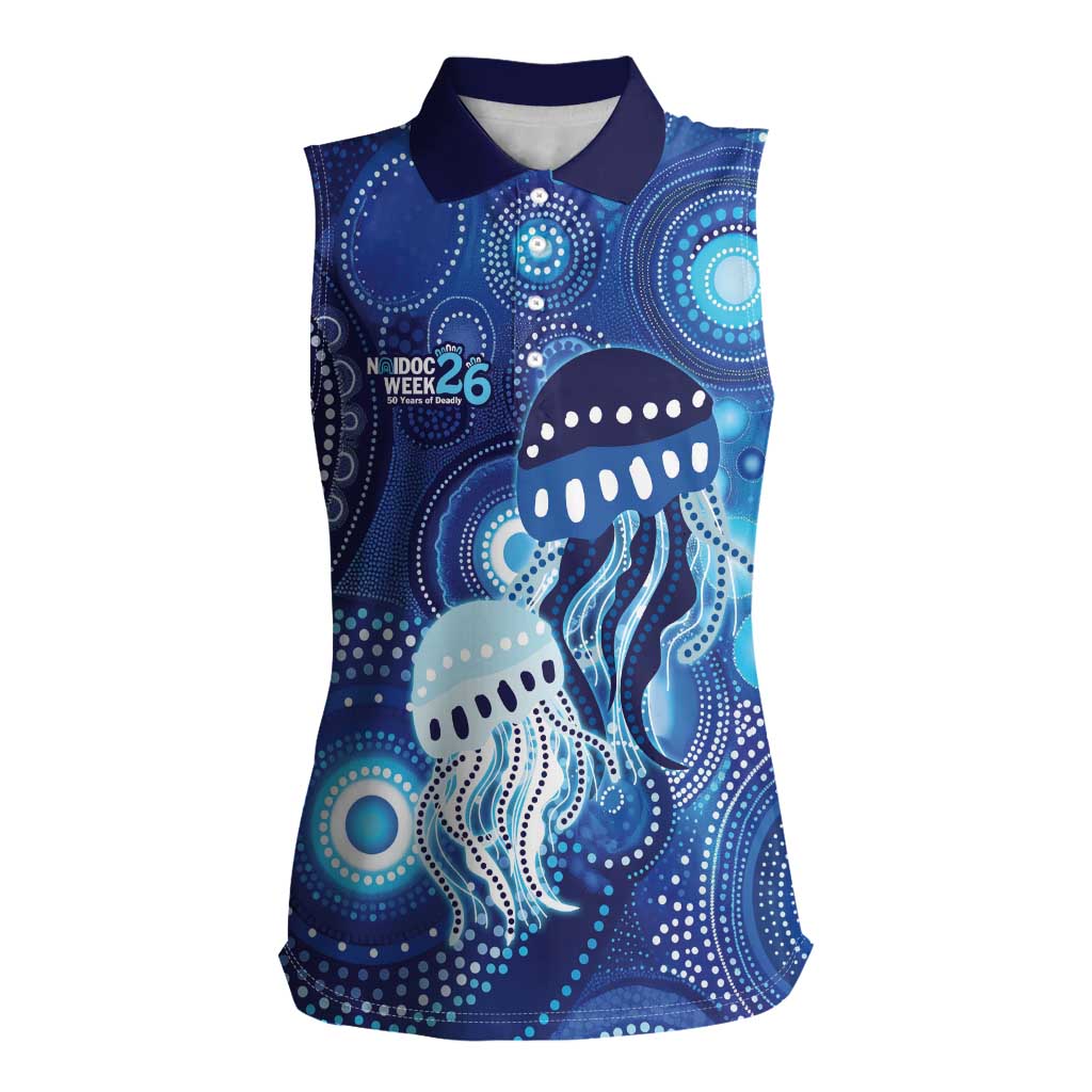 NAIDOC Deadly 50 Years Women Sleeveless Polo Shirt Jellyfish Aboriginal Culture Inspired Blue