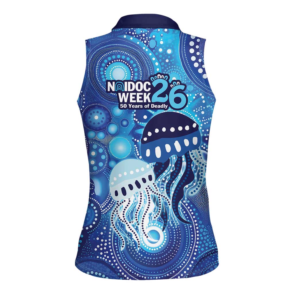 NAIDOC Deadly 50 Years Women Sleeveless Polo Shirt Jellyfish Aboriginal Culture Inspired Blue