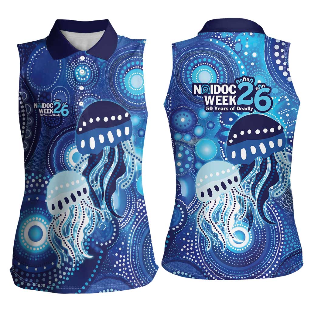 NAIDOC Deadly 50 Years Women Sleeveless Polo Shirt Jellyfish Aboriginal Culture Inspired Blue