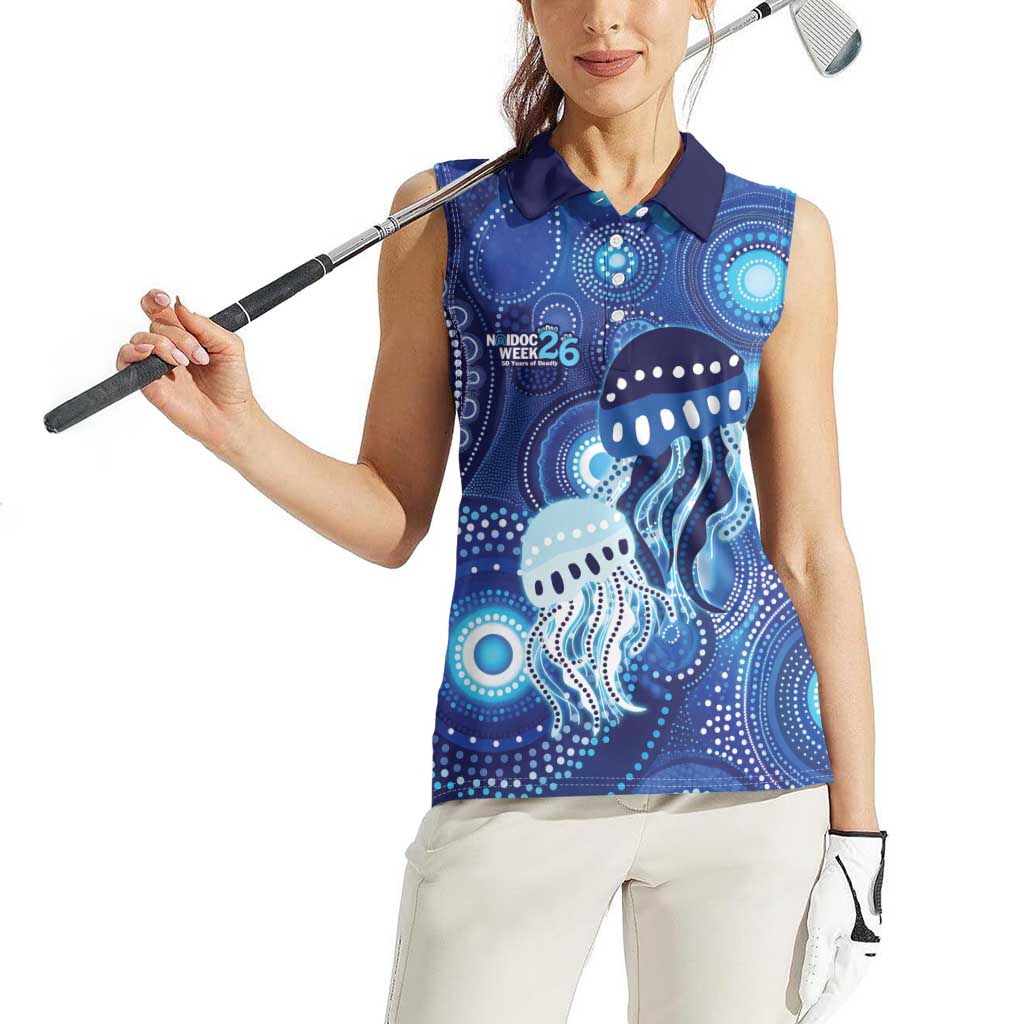 NAIDOC Deadly 50 Years Women Sleeveless Polo Shirt Jellyfish Aboriginal Culture Inspired Blue
