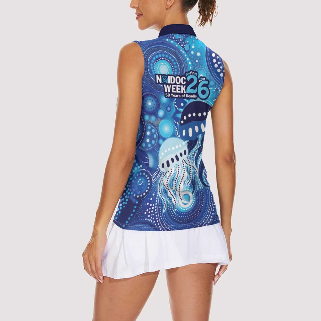 NAIDOC Deadly 50 Years Women Sleeveless Polo Shirt Jellyfish Aboriginal Culture Inspired Blue