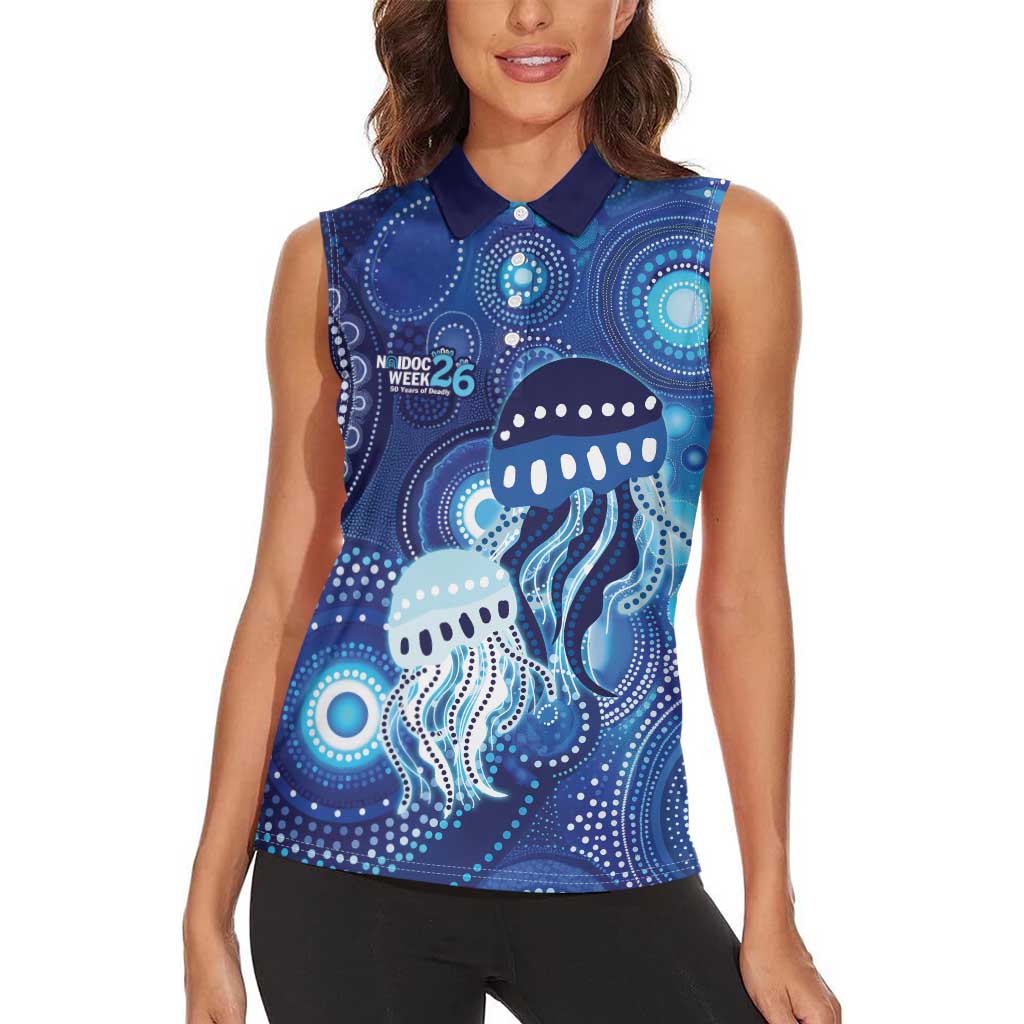 NAIDOC Deadly 50 Years Women Sleeveless Polo Shirt Jellyfish Aboriginal Culture Inspired Blue