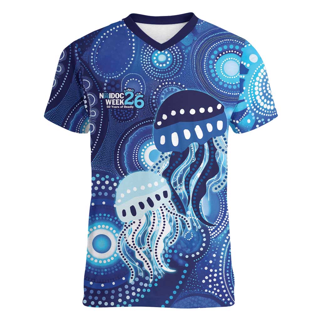 NAIDOC Deadly 50 Years Women V-Neck T-Shirt Jellyfish Aboriginal Culture Inspired Blue