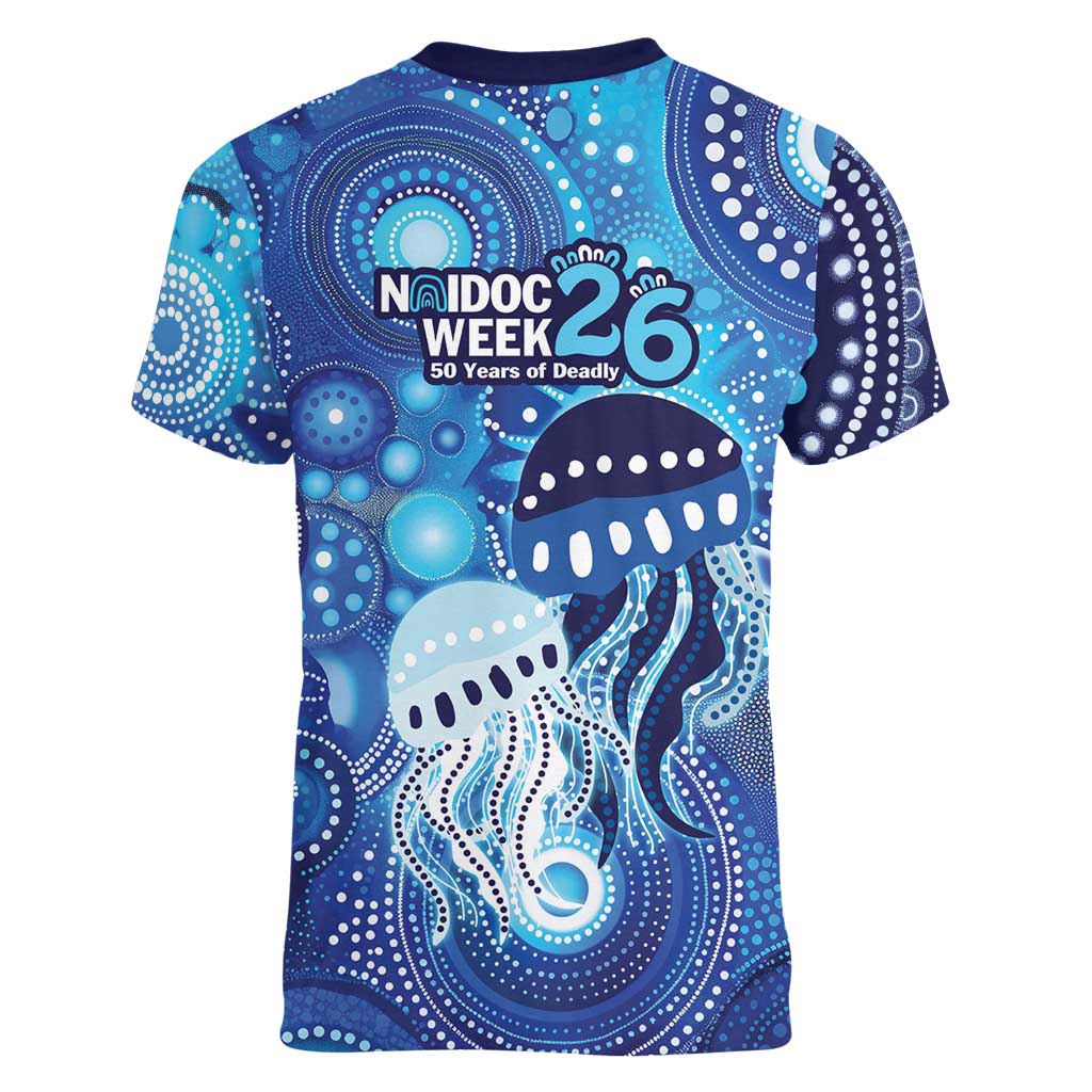 NAIDOC Deadly 50 Years Women V-Neck T-Shirt Jellyfish Aboriginal Culture Inspired Blue